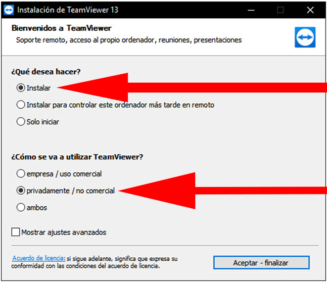 Opciones a seleccionar al instalar TeamViewer